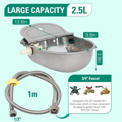 304 Stainless Steel Automatic Livestock Waterer with Float Valve and 39 inch Water Hose(one end 3/4''), Automatic Animal Water Bowl for Dogs,Horse,Calf,Chicken,Goat, Livestock Horse Waterer Dispenser