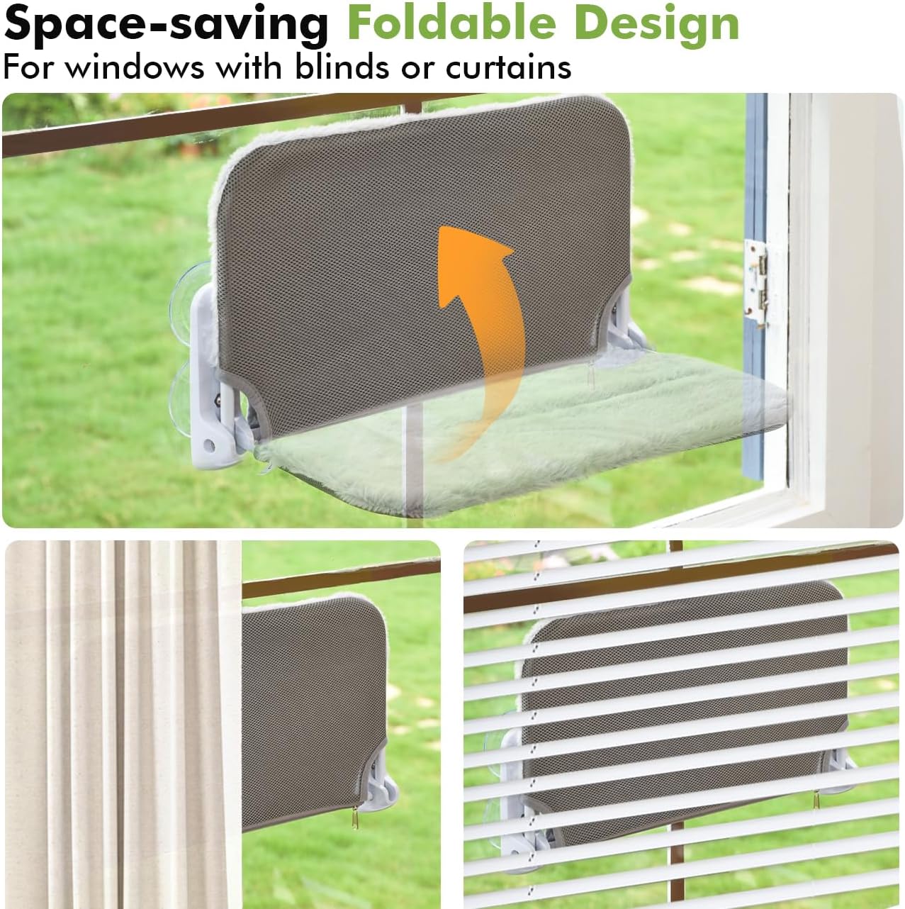 2PC Cat Window Perch Cordless Foldable Cat Hammock Bed for Window with Metal Frame and Reversible Cover, Large Suction Cups Window Resting Seat for Indoor Cats (Cat Bed, M-2PC)