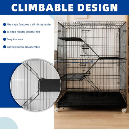 Cat Cage Large 4-Tier Indoor Cat Enclosure with Removable Tray & 2 Ladders, Foldable Metal Wire Cat Playpen with 360° Wheels, for 1-2 Cats & Small Pets, 35.4" L × 22.4" W × 49.2" H (Black