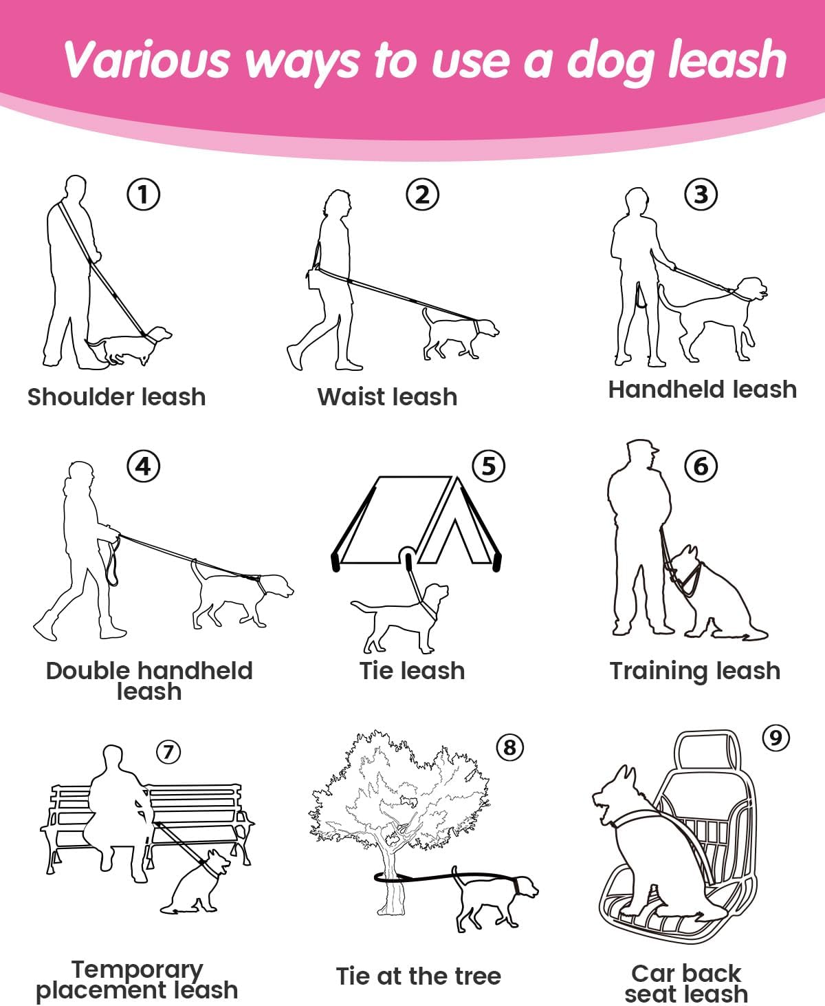 Hands Free Dog Leash & Car Seatbelt, 5.9-9.5ft Crossbody Dog Belt with Dual Soft Handles, Shock-Absorbing, 360° Clip, Reflective Design for Walking, Running, Hiking, Travel. (Rosered)