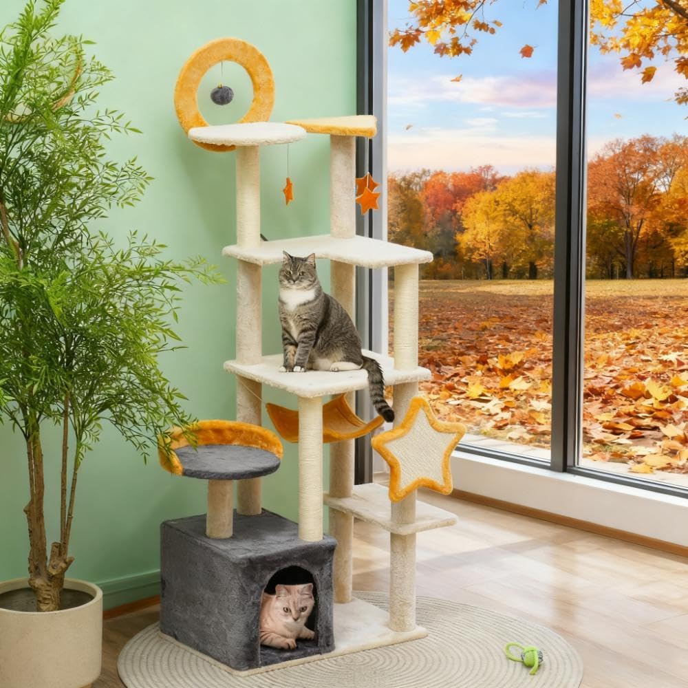63'' Moon & Star Themed Cat Tree Tower for Indoor Cats - Extra Tall Cat Condo with Plush Bed, 5-Tier Platform, Multiple Cat Scratching Posts & Anti-Tip Design (Supports 1-2 Cats Up to 11 lbs)