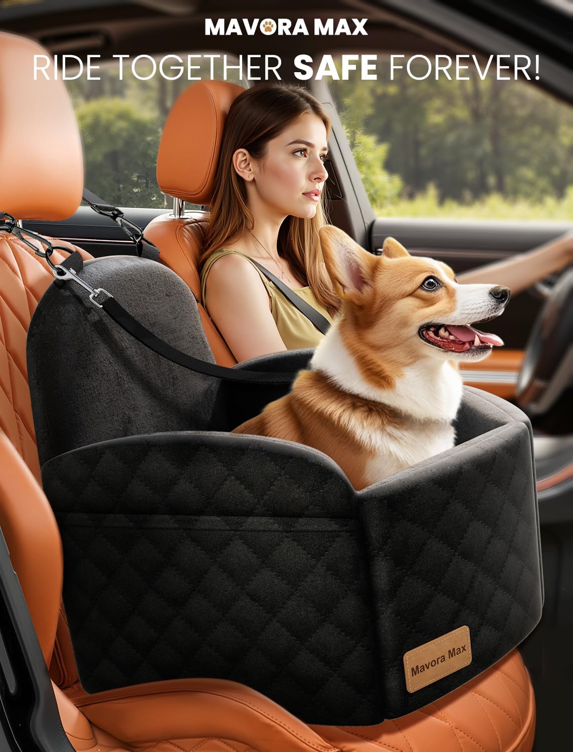 Dog Car Seat for Small/Medium Dogs, Elevated Dog Booster Seat Memory Foam Puppy Car Seat with Washable Cover, Travel Safety Pet Seat Bed for Car with Storage Pockets Up to 35 lbs (Black)