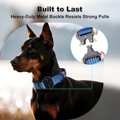Plutus Pet Tactical Dog Collar with Tracker Pocket for AirTag, Adjustable Reflective Nylon Collar, Metal Buckle, Leather-Wrapped Handle, Soft Padded for Medium Large Dogs (Blue, M)