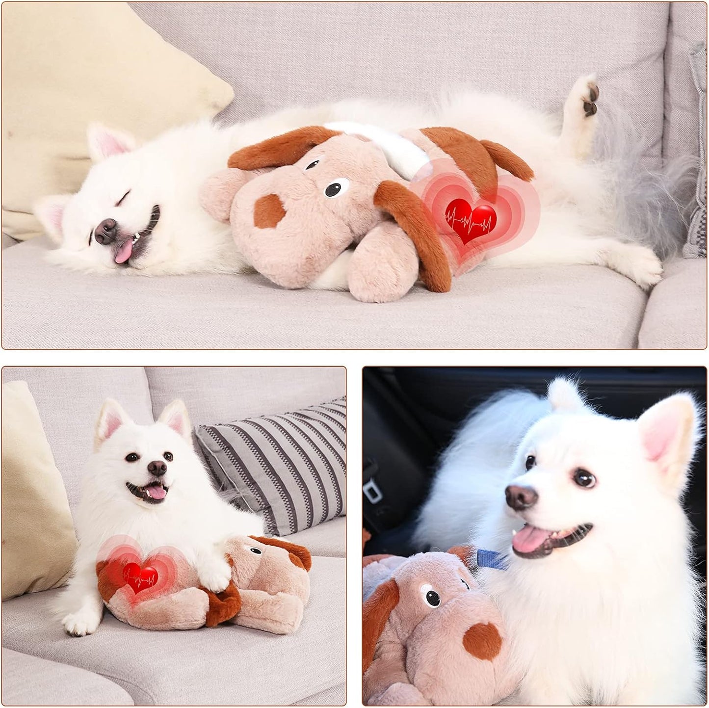 Puppy Heartbeat Toy, Dog Heartbeat Toy for Separation Anxiety Relief, Puppy Toy with Heartbeat Stuffed Animal Anxiety Calming Behavioral Aid Plush Toy for Dogs Cats Pets (Brown +)