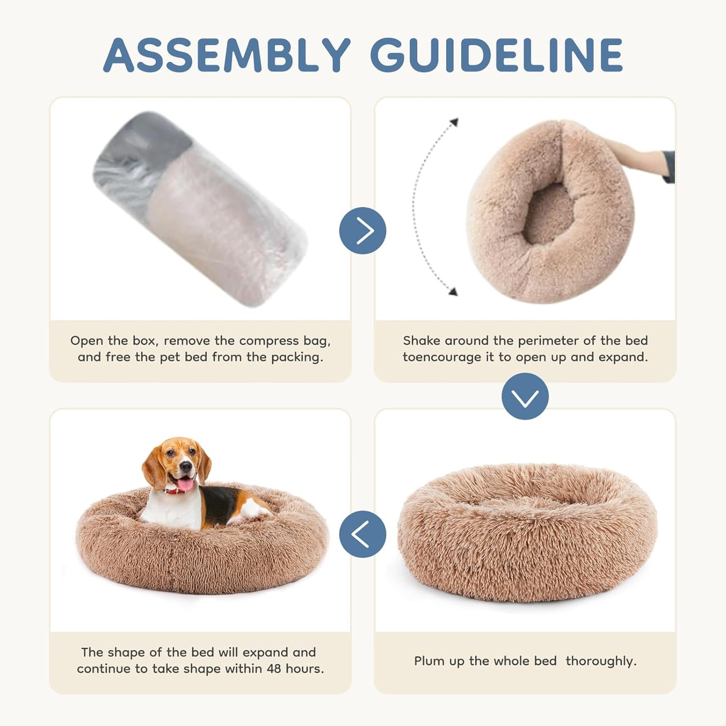 DUMOS 24x24 Inch Calming Donut Dog Beds for Medium Dogs, Machine Washable Cuddler Warming Cozy Fluffy Faux Fur Plush Round Pet Bed, Anti-Slip Bed for Indoor Dogs and Cats, Brown
