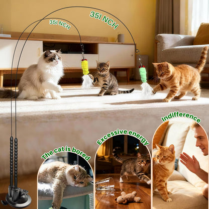 Cat Toys Interactive Teaser Wand, Feathered Fish Toy with Suction Cup Base, Realistic Fish & Feather Attachments for Multi-Cat Households, Perfect for Independent Play, Ideal for Cats & Kittens