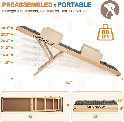 Upgraded Dog Ramp for Bed, Couch, Car, Foldable Pet Ramp, Non-Slip Pad & Safety Baffle-6 Adjustable Height 12" to 30", Portable Stable Pet Steps for Small & Medium Old Dogs & Cats