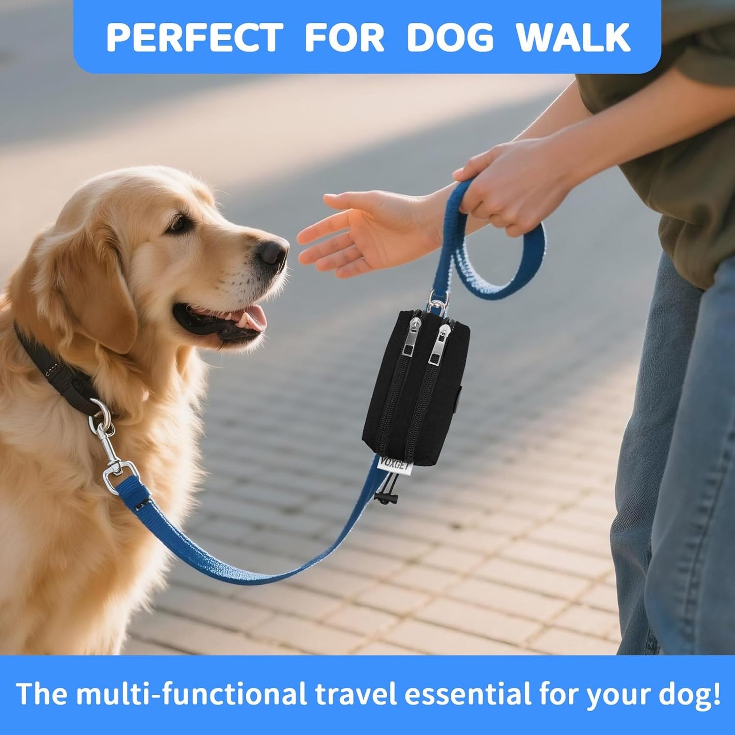 Dog Poop Bag Holder for Leashes, Puppy Treat Pouch Carrier with 2 Zipper Pockets and Clip for Pets Doggy Training, Dog Waste Bag Dispenser with 1 Roll Poop Bags for Walking Accessories (Black)