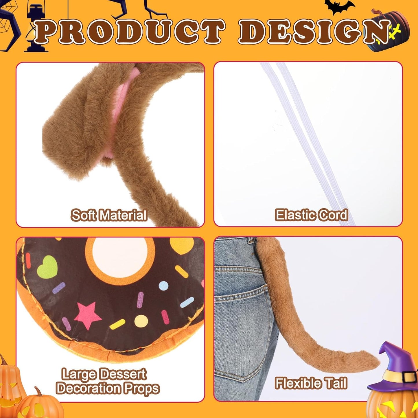 Halloween Costume Set Ears Headband Tail and Brooch Animal Theme Dress up for Adults Party Accessories