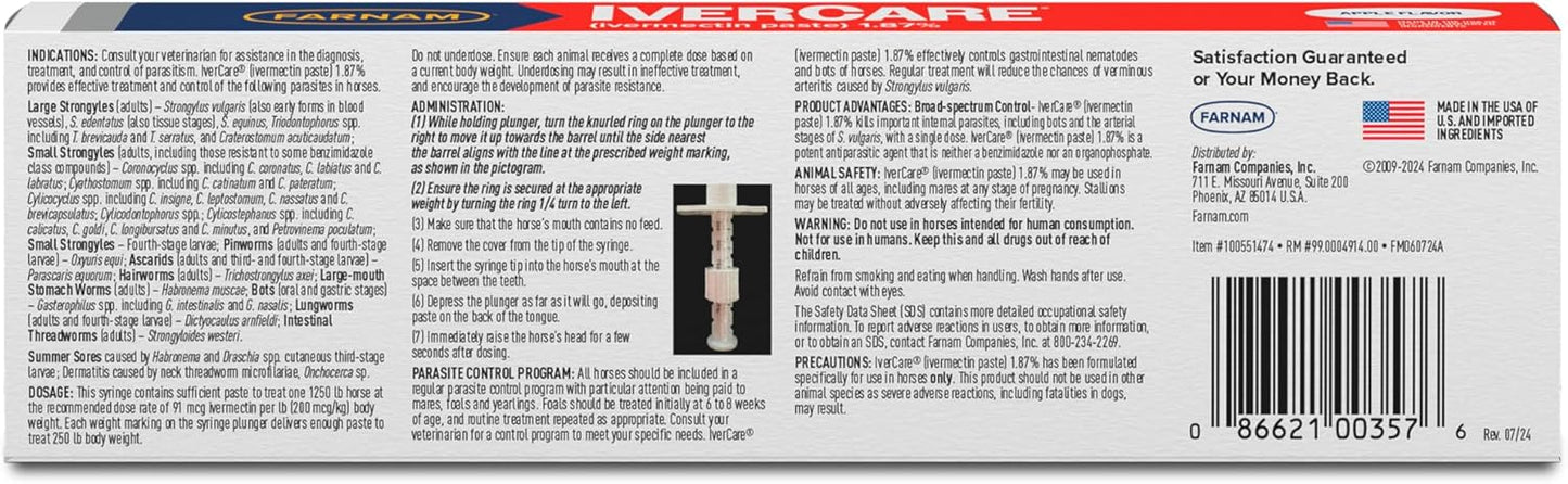 Farnam IverCare (ivermectin Paste) 1.87% for Horses, Anthelmintic and Boticide, 0.21 Ounces, Horse Dewormer, Ivermectin Apple-Flavored Paste, Up to 1,250 lbs