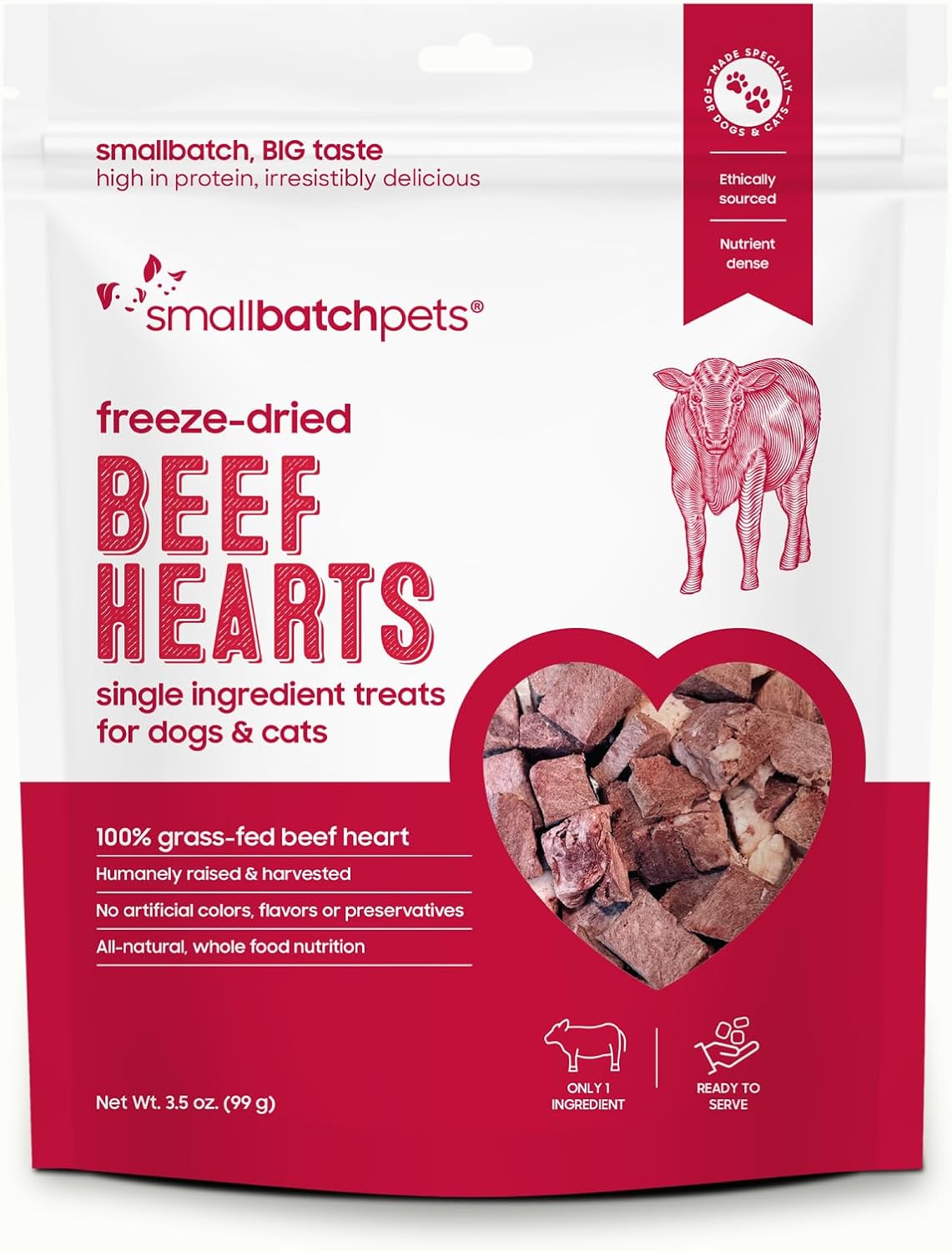 smallbatch Pets Premium Freeze-Dried Beef Heart Treats for Dogs and Cats, 3.5 oz, Made and Sourced in The USA, Single Ingredient, Humanely Raise Meat, No Preservatives or Anything Artificial Ever