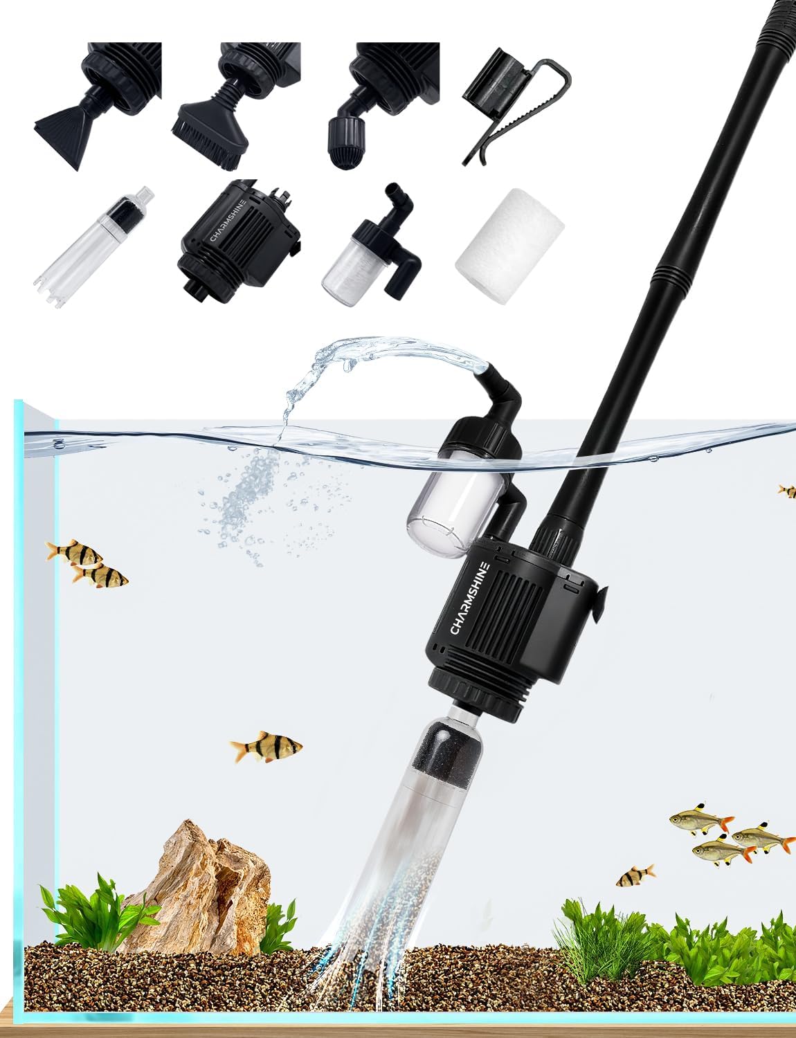 Electric Aquarium Gravel Cleaner [2025Edition] Removable Fish Tank Vacuum Water Changer Gravel Cleaner for Aquarium Freshwater Saltwater Tanks (with Filter Cup and Hose Clamp)