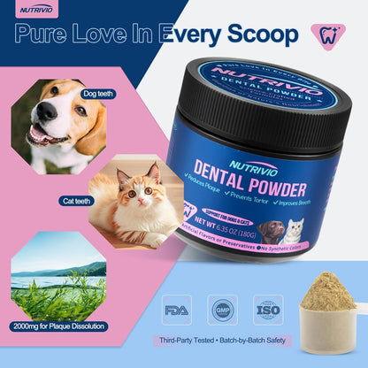 Cat Dog Dental Powder - Dog Teeth Cleaning Powder for Bad Breath Treatment, Plaque Off and Tartar Remover, Healthy Mouth for Dogs with Probiotics, Pet Dental Care - 6.35oz 180g