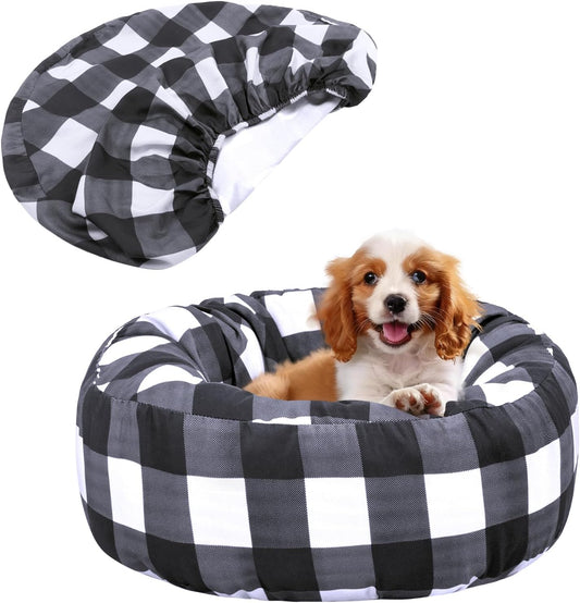 Round Dog Bed Cover Washable Elastic Edged Pet Bed Protector with Black Lattice Pattern Design for Medium & Small Pet Beds, Cover Only (Lattice, 30×9.8 Inch)