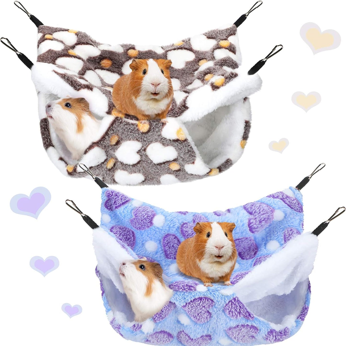BOAO 2 Pcs Guinea Pig Rat Hammock Guinea Pig Hamster Ferret Hanging Hammock Accessories for Small Animals Chinchilla Parrot Sugar Glider Ferret Squirrel (Purple, Coffee Color, Heart Pattern)