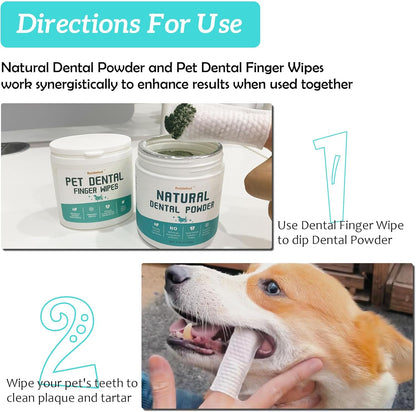 Dog Dental Kit, Dental Powder Contains Probiotics That Solve Bad Breath Through Internal Digestion, Finger Wipes Remove Plaque and Tartar from The Surface (50 Count & 7.05oz)