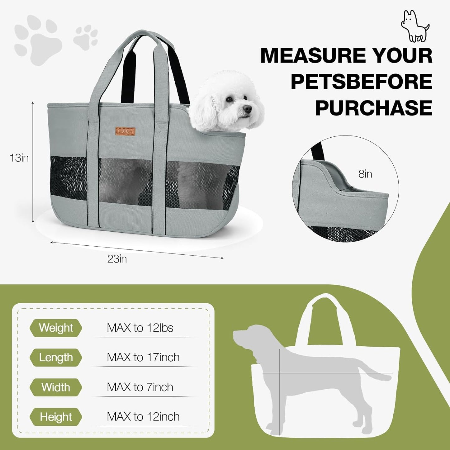 Lekereise Dog Purse Carrier for Small Dogs, Cats - Dog Carrier Purse with Secure Harness Clip, Dog Tote Bag Carrier, Large Space, Breathable Design(Gray)