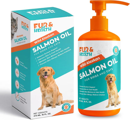 Fur & Health Wild Alaskan Salmon Oil with Omega 3 for Dogs & Cats - Natural Fish Oil Supplement Healthy Skin, Shiny Coat & Joint Support - Pure EPA & DHA Formula for Pet Immune Health 16oz