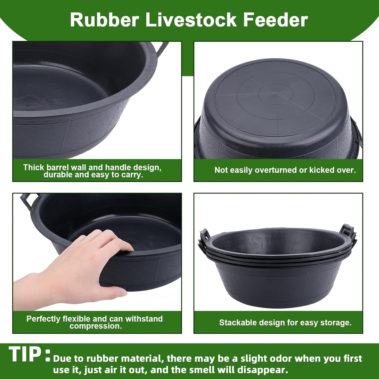 4Pcs Large Rubber Feed Pan with Handle, 8.6 Gallon/ 34 Quart Rubber Feed Pan Utility Horse Feed Bucket for Cats Dogs Goats Chicken Dust Bath Container Animal Feeding Watering Bowl