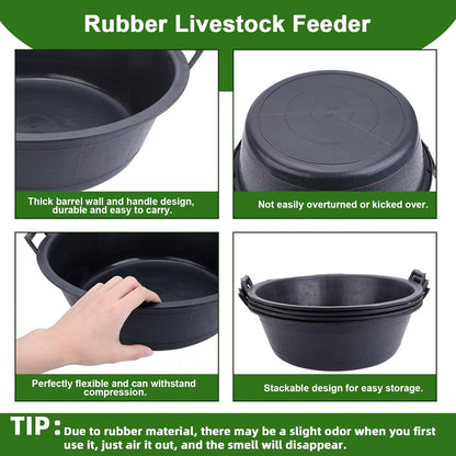4Pcs Large Rubber Feed Pan with Handle, 8.6 Gallon/ 34 Quart Rubber Feed Pan Utility Horse Feed Bucket for Cats Dogs Goats Chicken Dust Bath Container Animal Feeding Watering Bowl