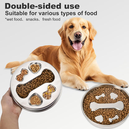 Slow Feeder Dog Bowls,Non-Slip Base Stainless Steel Pet Food Bowls,2 Cups Metal Dog Slow Feeder Bowl for Large Medium Breed,Double-Sided
