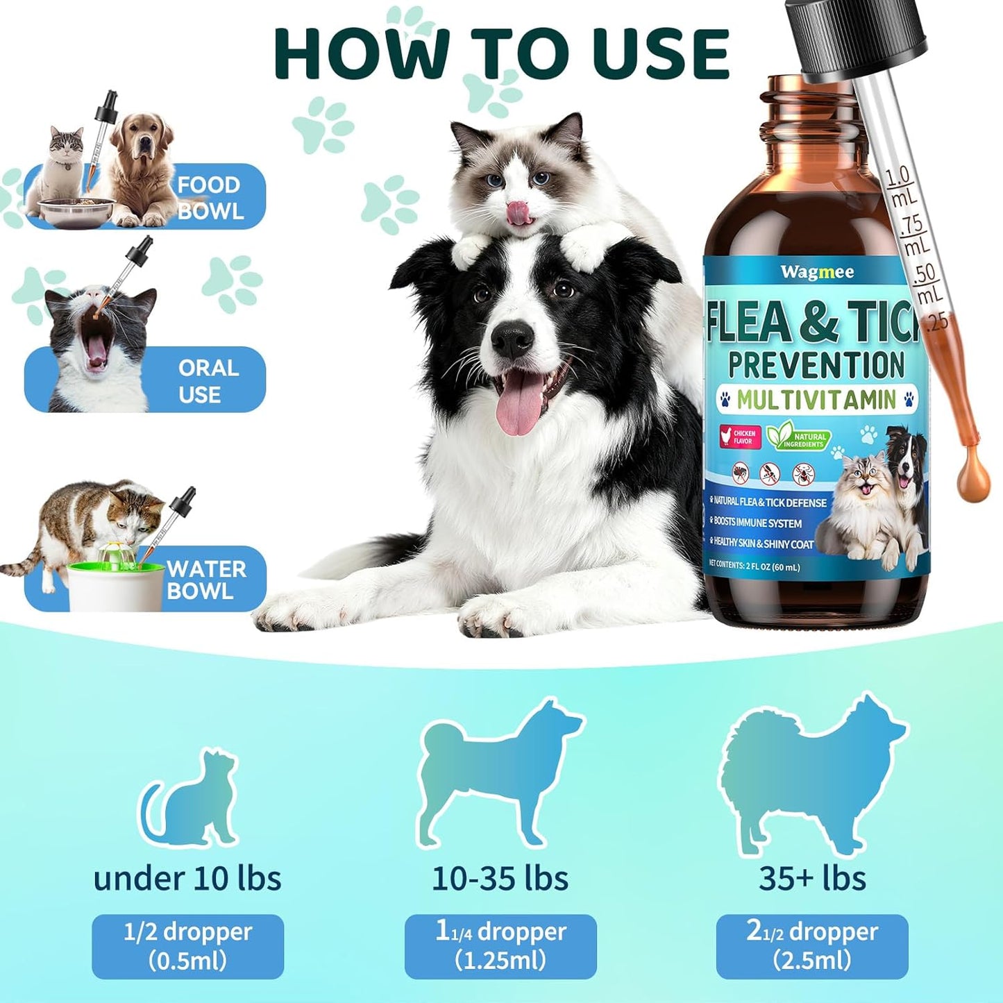 Oral Flea & Tick Support for Dogs and Cats, Natural Flea and Tick Prevention with Multivitamins - Flea Herbal Supplement Drops for Healthy Skin & Shiny Coat Support - All Breeds and Ages - Chicken