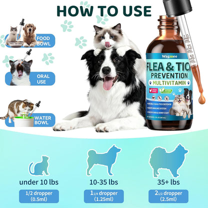 Oral Flea & Tick Support for Dogs and Cats, Natural Flea and Tick Prevention with Multivitamins - Flea Herbal Supplement Drops for Healthy Skin & Shiny Coat Support - All Breeds and Ages - Chicken