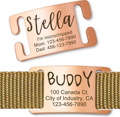 Anavia Slide On Silent Pet ID Tags, S/M/L/XL Personalized Gold Black Stainless Steel Customized Engraved Cat Dog Name Tags, Glossy Finish Chew-Proof Quiet Dog Collar Tag (Medium, Rose Gold)