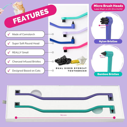 RYERCAT Set of 2 Dual Sided Cat Toothbrush - Kitten Toothbrush with Micro Head to fit into Cat/Kittens Mouth - Cat Dental Care Supplies - Pet Toothbrush for Cats(Amethyst Purple & Ocean Blue)