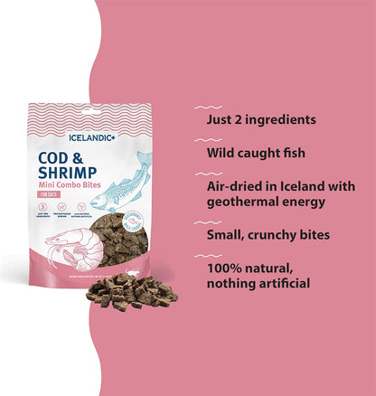 Icelandic+ Mini Combo Bites: Cod & Shrimp - 1.7oz Bag - Cat Treats, .25" Crunchy Bites, 2 Ingredient Natural Pet Snacks, No Fillers, Wild-Caught Fish (Pack of 2)