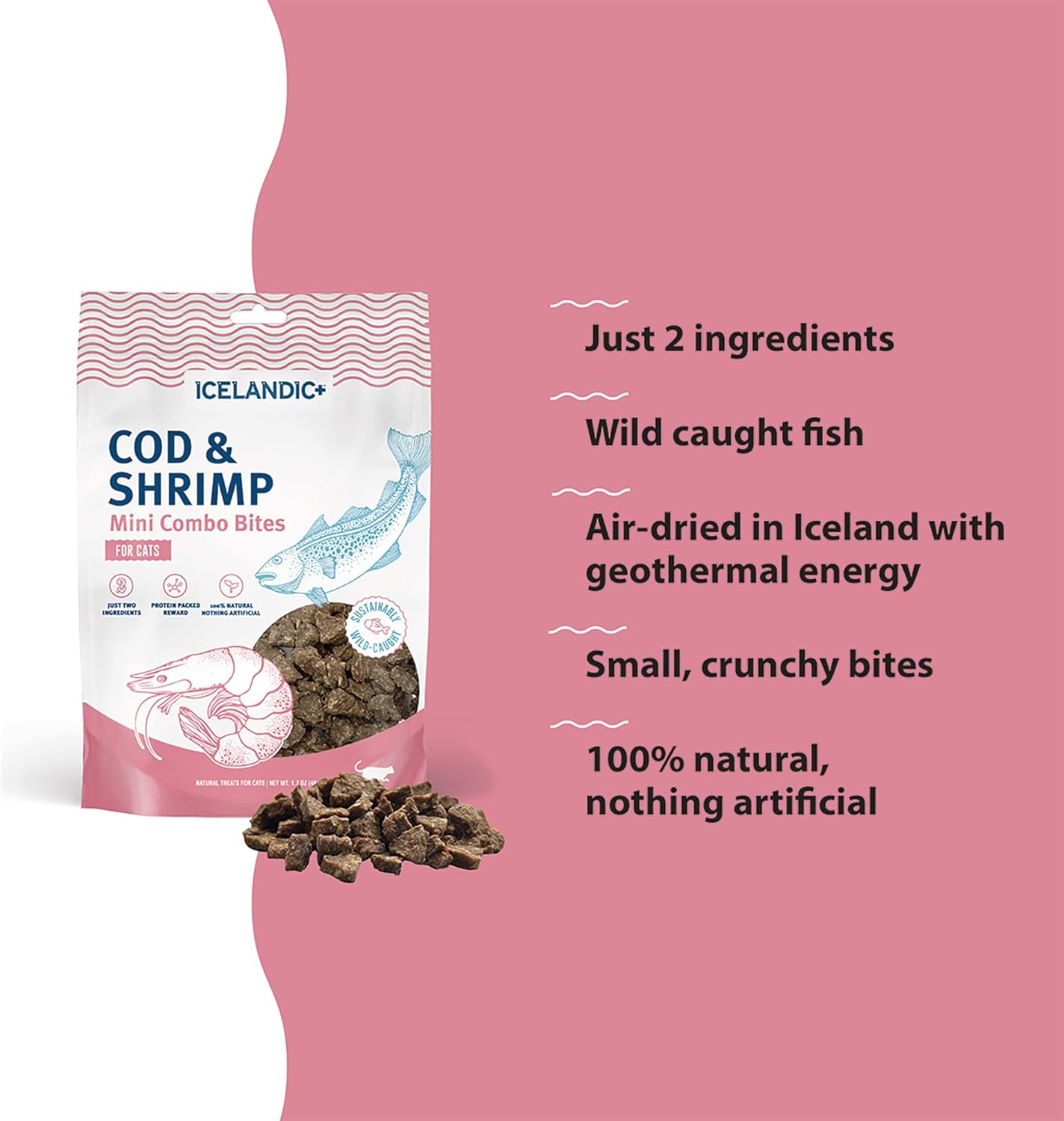 Icelandic+ Mini Combo Bites: Cod & Shrimp - 1.7oz Bag - Cat Treats, .25" Crunchy Bites, 2 Ingredient Natural Pet Snacks, No Fillers, Wild-Caught Fish (Pack of 2)