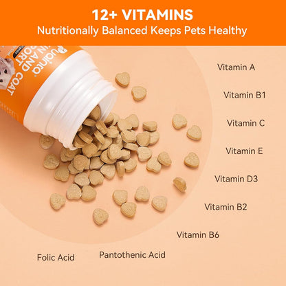 Dog Vitamins for Itchy Skin, Omega 3 Fish Oil for Healthy Skin, Less Shedding, Fluffy Hair, 12-in-1 Multivitamin for Dogs & Cats, Folic Acid Pregnant Dog Skin Care-200 Tablets