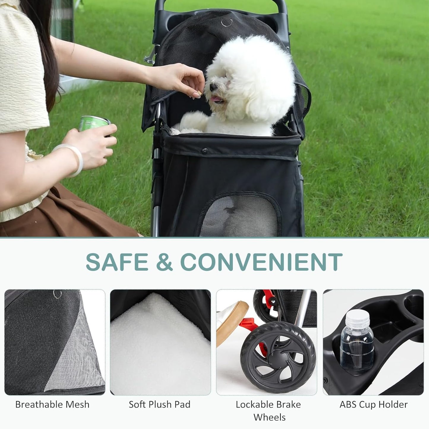 Smug Pet Stroller for Dogs and Cats, Foldable, Lightweight and Durable, Ideal for Small to Medium Pets, Includes Storage Basket and Cup Holders
