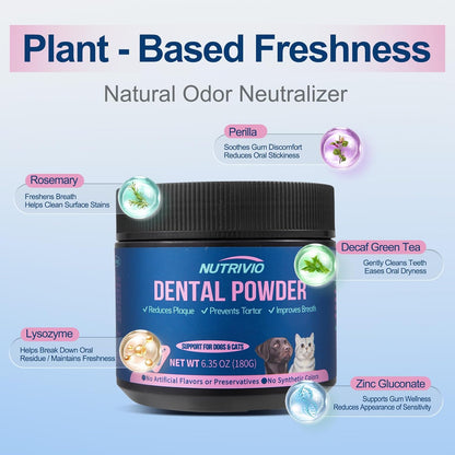 Cat Dog Dental Powder - Dog Teeth Cleaning Powder for Bad Breath Treatment, Plaque Off and Tartar Remover, Healthy Mouth for Dogs with Probiotics, Pet Dental Care - 6.35oz 180g