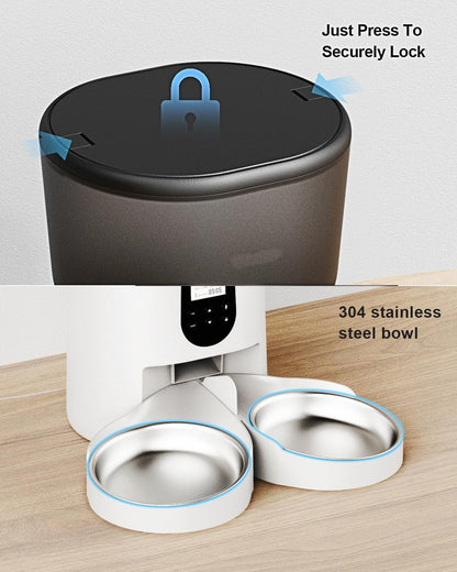 Automatic Cat Feeders for 2Cats, 6L/25cup Automatic Cat Food Dispenser with 2 Stainless Pet Bowls,10s Meal Call Timer Setting 20 Portions 6Meals Per Day, Timed Pet Feeder for Cats Dog Indoor Dry Food