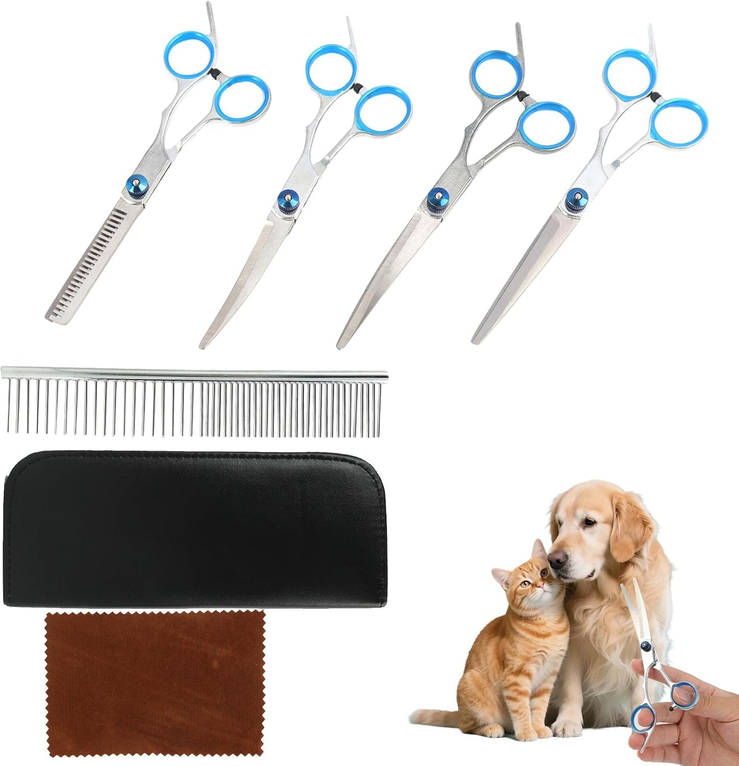 Dog Grooming Scissors, Dog Scissors for Grooming, Professional 6 in 1 Stainless Steel Heavy Duty Pet Grooming Scissors Kit for Dogs, Cats with Straight, Curved, Thinning Scissor and Comb