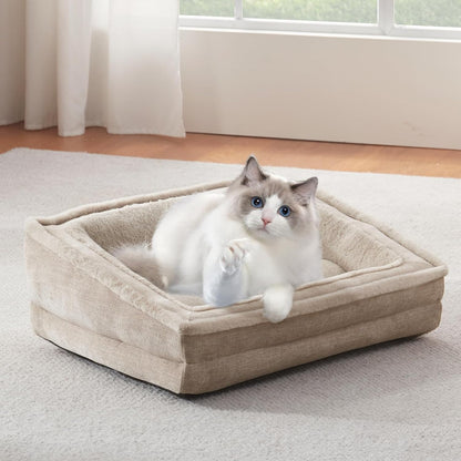 Cat Couch for Pets, Washable Cat Beds for Indoor Cats, Super Soft Plush Supportive Dog Couch Bed for Puppy and Kitten with Anti-Slip Bottom, 24inch, Beige