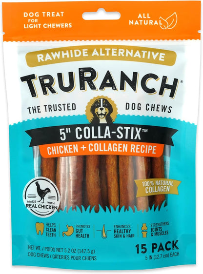TRURANCH Collagen Sticks - 5" Collagen Sticks for Dogs - Long Lasting Healthy Joint Support Dog Treat - Rawhide Alternative - Skin & Coat Health - Made with Real Chicken, 1 Bag, 15 Count