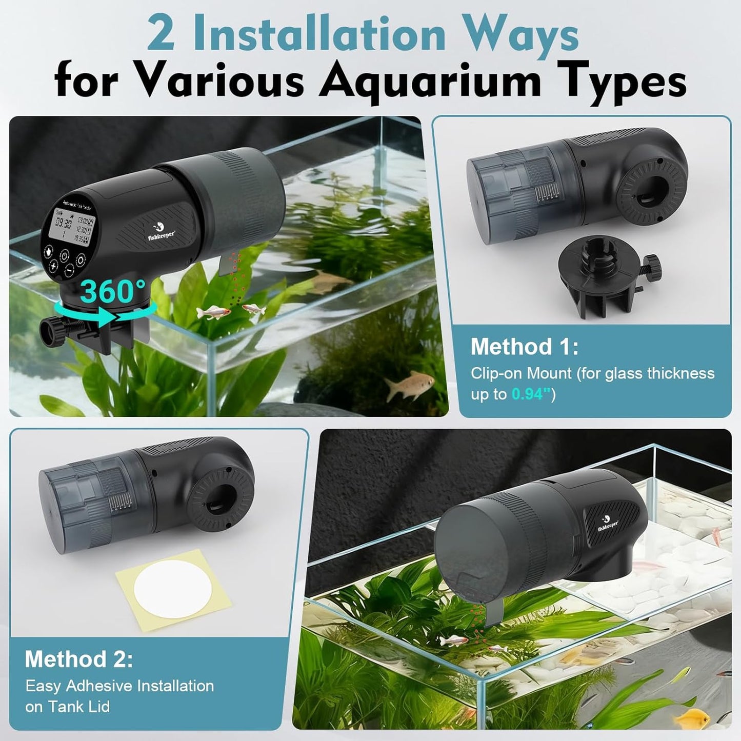 fishkeeper Automatic Fish Feeder for Aquarium - Moisture-Proof and Precision Feeding Auto Fish Food Dispenser with LCD Display Adjustable Betta Vacation Feeder with 2 AA Batteries (200ml)