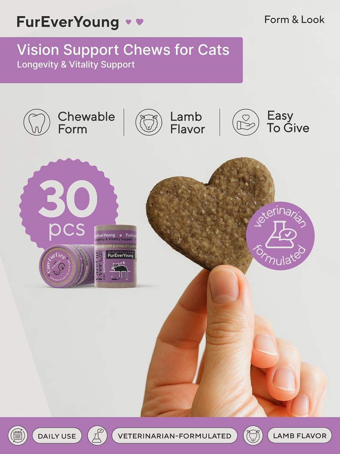 Vitamin Treats for Senior Cats: Vision & Brain Function, Longevity & Overall Vitality, Immune Health for Aging Cats. Enriched with Breakthrough Active Ingredients (30 Days Supply)