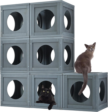 68.90" H Catio Outdoor Cat Enclosure Large, Tall Wooden Cat House with Weatherproof Roof, Cat Cage Playpen with 2 Multiple Platforms & 7 Removable Wood Boxes, for Cats, Grey