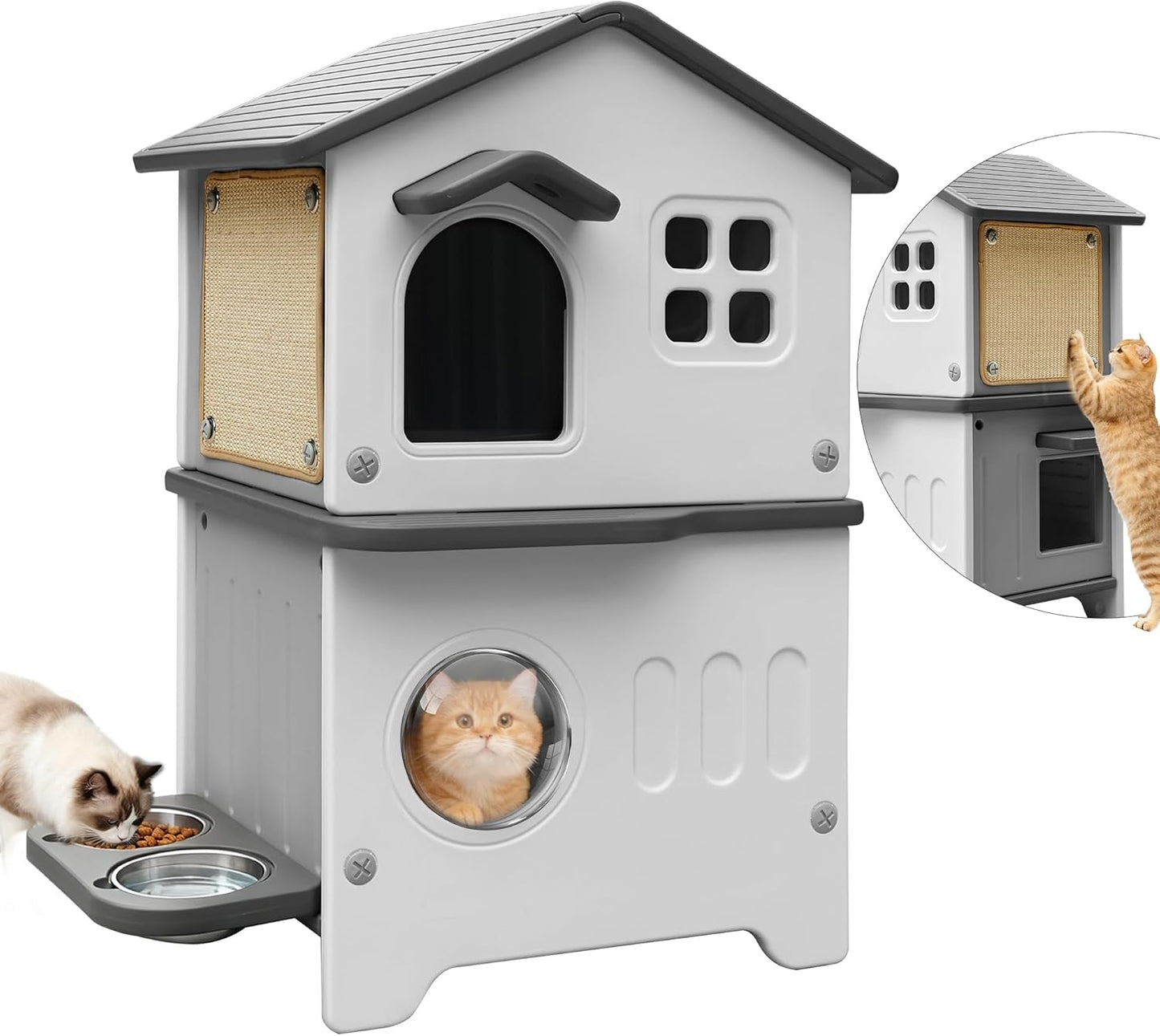 Cat House Outdoor Weatherpoof Plastic Cats Houses with Elevated Cat Bowls, Cat Scratch Pads and Escape Door, 2-Story Indoor Waterproof Feral/Pet Cat Shelter Outside for Multiple Cats, Grey