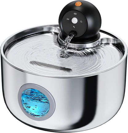 Wireless Cat Water Fountain Cordless: Battery Operated Stainless Steel Cat Fountains for Drinking - 88oz/2.6L Rechargeable Pet Water Fountain Indoor with Motion Sensor - Automatic Water Bowl Dispenser