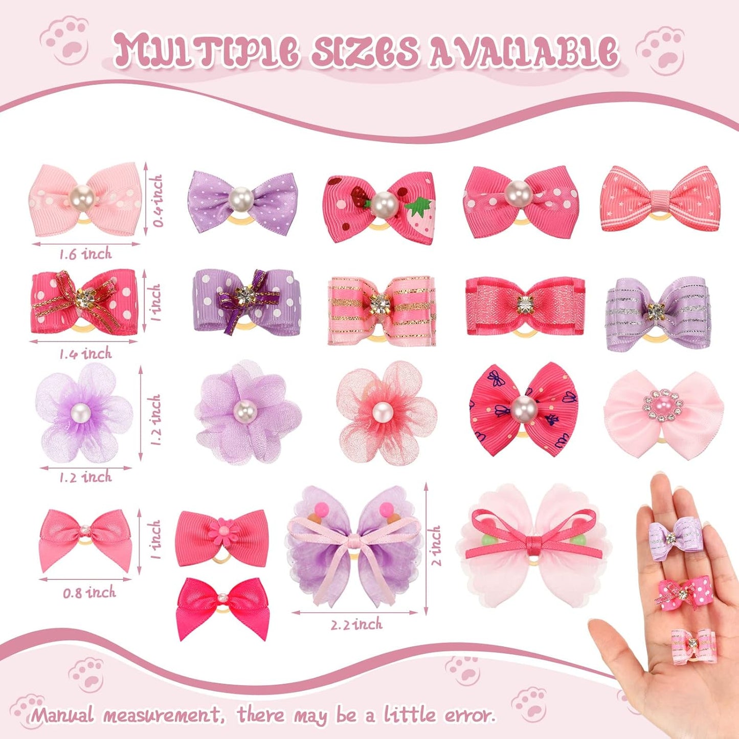 Hanaive 20 Pcs Dog Bows Small Size Dog Hair Bows for Puppy Hair with Rubber Bands Handmade Puppy with Pearls