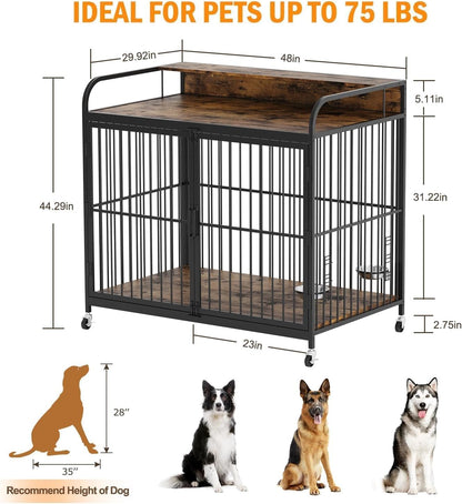 Dog Crate Furniture with Adjustable Height Feeder, Heavy Duty Dog House for Large Dogs with 360°Wheels for Easy Mobility, Decorative End Table Design(48''L x 29.92''W x 44.29''H)