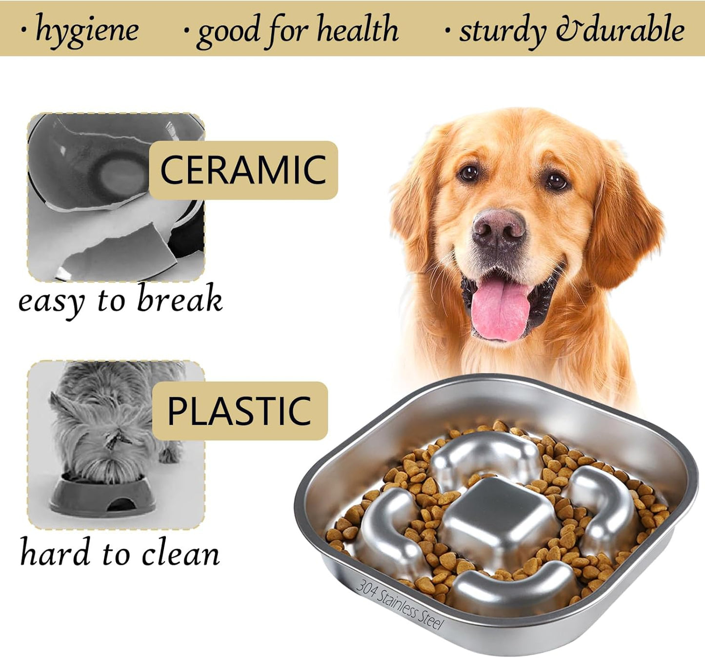 Slow Feeder Dog Bowl, 2 Cups Stainless Steel Metal Pet Food Bowls, Dog Cat Food Bowls Can Slows Down Pets Eating Suitable for Small & Medium Sized Dog