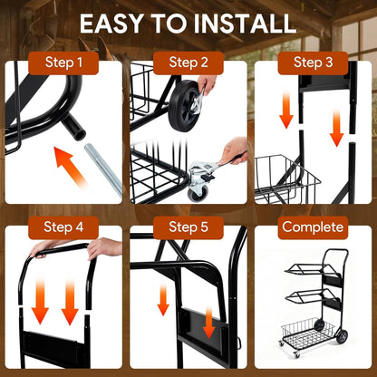 2 Tier Rolling Saddle Rack Cart with Basket,32" ×17",Foldable Horse Tack Cart with Wheels, Load 220 Lbs Capacity, Heavy Duty Horse Trailer Organizer, for Moving, Organize Tack