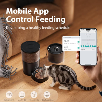 Automatic Cat Feeder with Camera and Water Fountain, 1080P HD AI Pet Recognition, APP Remote Control, Timed Food Dispenser, Two-Way Audio, Night Vision Function, 3L Fountains for Drinking with Filter