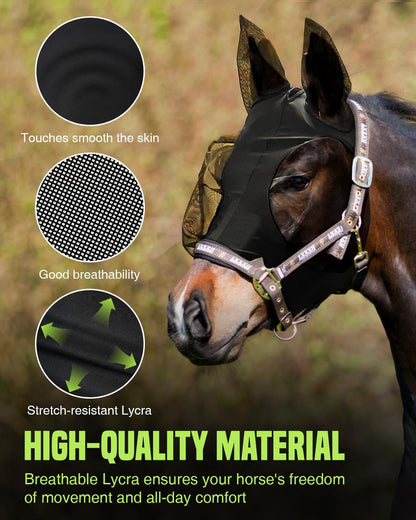 JWODVNTH Fly Masks for Horses with Ears - Large Eye Space, Comfort, UV-Block - Horse Fly Mask for Daily Stable, Hot Weather Riding, and Competition - Full, Black