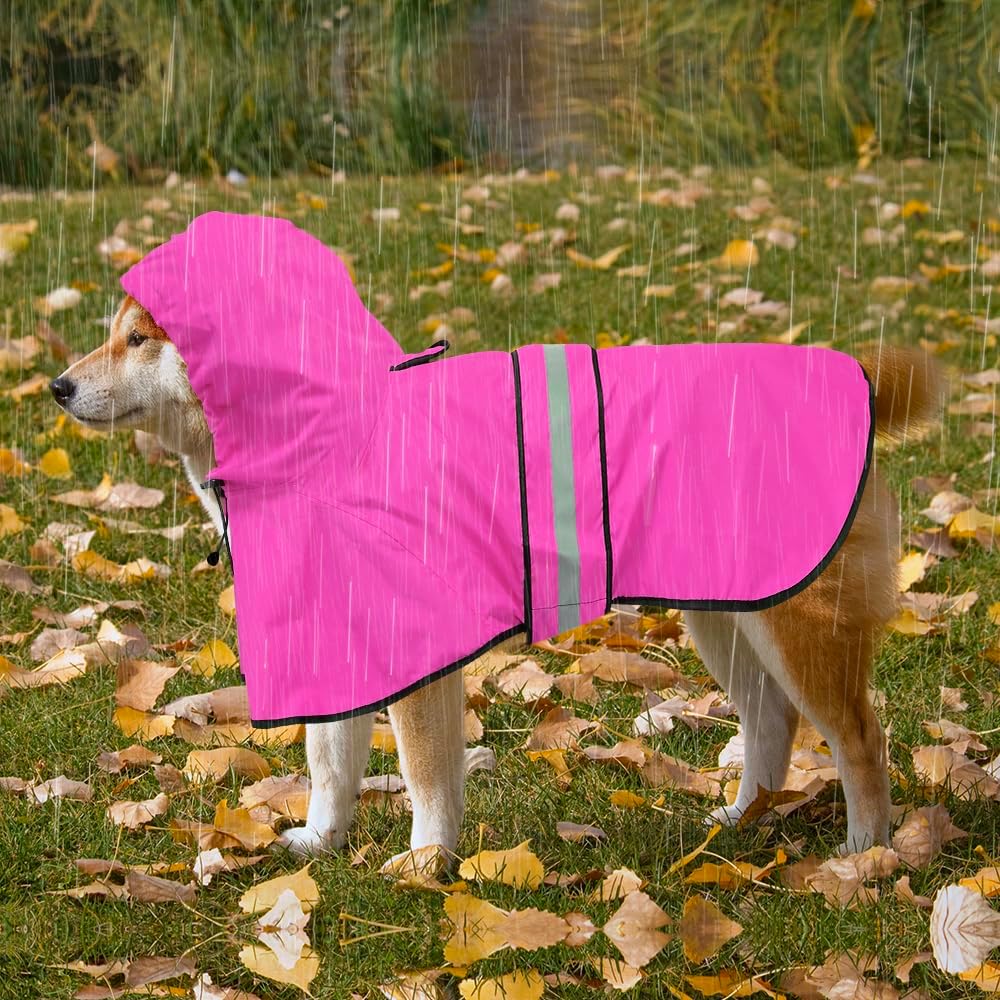 Reflective Dog Rain Coat - Waterproof Adjustable Pet Rain Jacket, Lightweight Dog Hooded Poncho Raincoat for Small to X- Large Dogs and Puppies (Pink, Large)